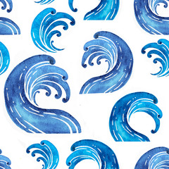 Obraz premium Sea wave seamless pattern. Abstract watercolor hand drawn illustration, Isolated on white background 