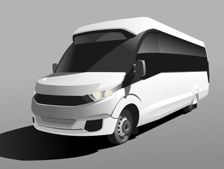 White Bus, three quarter view. Tourist bus. Sightseeing bus. Modern flat Vector illustration on gray background.