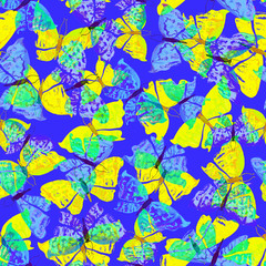 Fototapeta na wymiar Seamless spring pattern with pretty blue and yellow colors butterflies on blue background. Cute butterfly pattern 