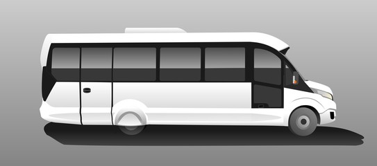 White Bus, Side view. Tourist bus. Sightseeing bus. Modern flat Vector illustration on grey background. © Antonina