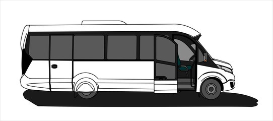 White Bus with an open door, Side view. Tourist bus. Sightseeing bus. Modern flat Vector illustration on white background.
