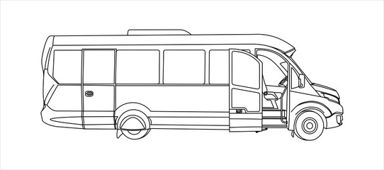 Outline Bus with an open door, Side view. Tourist bus. Sightseeing bus. Modern flat Vector illustration on white background.