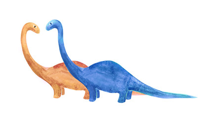 Two dinosaurus hand drawn raster illustration in naive style isolated on white.