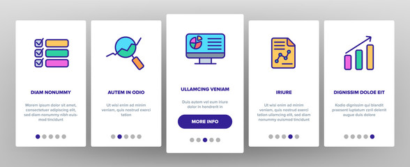 Analysing Data Vector Onboarding Mobile App Page Screen. Information Analysis Charts, Diagrams Linear Pictograms. Statistical Reports, Presentations, Analytical Thinking. Illustrations