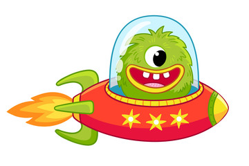 Alien monster is flying on rocket on white background.