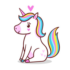 A cute little unicorn is sitting on a white background. © svaga