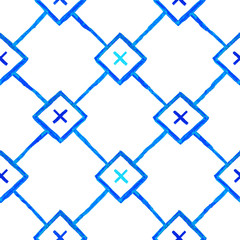 Repeating geometric tiles with blue squares and rhombuses and crosses. on white background. Seamless pattern. Modern stylish texture. 