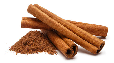 Cinnamon sticks and powder, isolated on white background