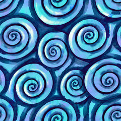 Blue spiral brush stroke. Water wave element . Swirl . Round Shape textured pattern. Watercolor hand drawn illustration