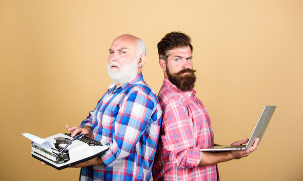 Modern life and remnants of past. Old generation. Digital technologies. Battle of technologies. Master new technologies. Men work writing devices. Senior man with typewriter and hipster with laptop