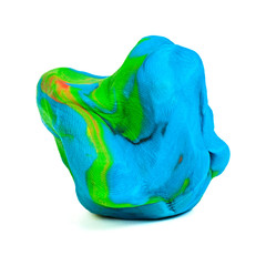 Mixed blue-green-red plasticine ball with distinct fingerprints isolated on the white background