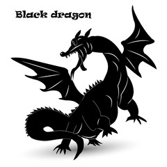 Big black dragon raised on two paws, silhouette on white background