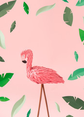 Pink paper flamingo on pink background with green leaves texture. Creative summer concept. Minimal art.