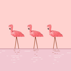 Pink paper flamingos on pink background with water reflection. Minimal summer tropical concept. Creative layout. 