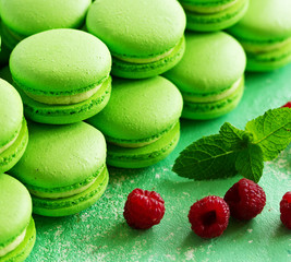 Macaroni French dessert with raspberries and chocolate.