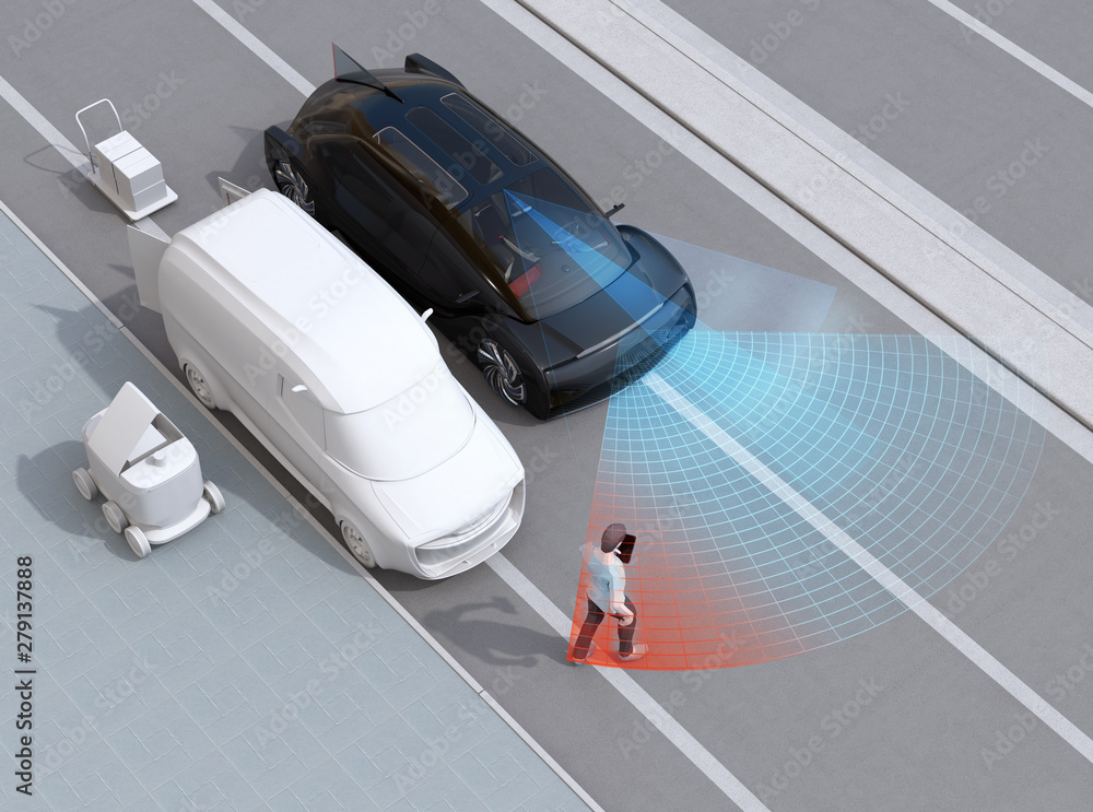 Poster black car emergency braking to avoid car accident with pedestrian who using smartphone. automatic em