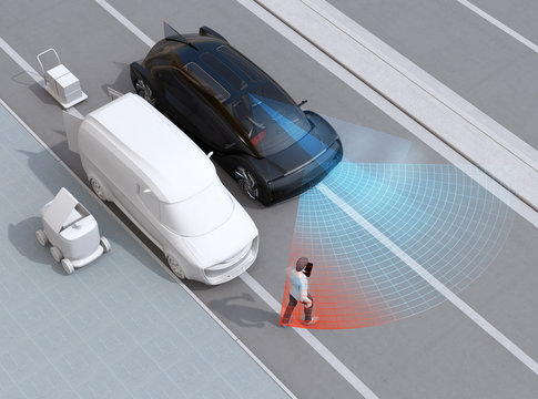 Black car emergency braking to avoid car accident with pedestrian who using smartphone. Automatic Emergency Braking (Emergency brake system) concept. 3D rendering image.