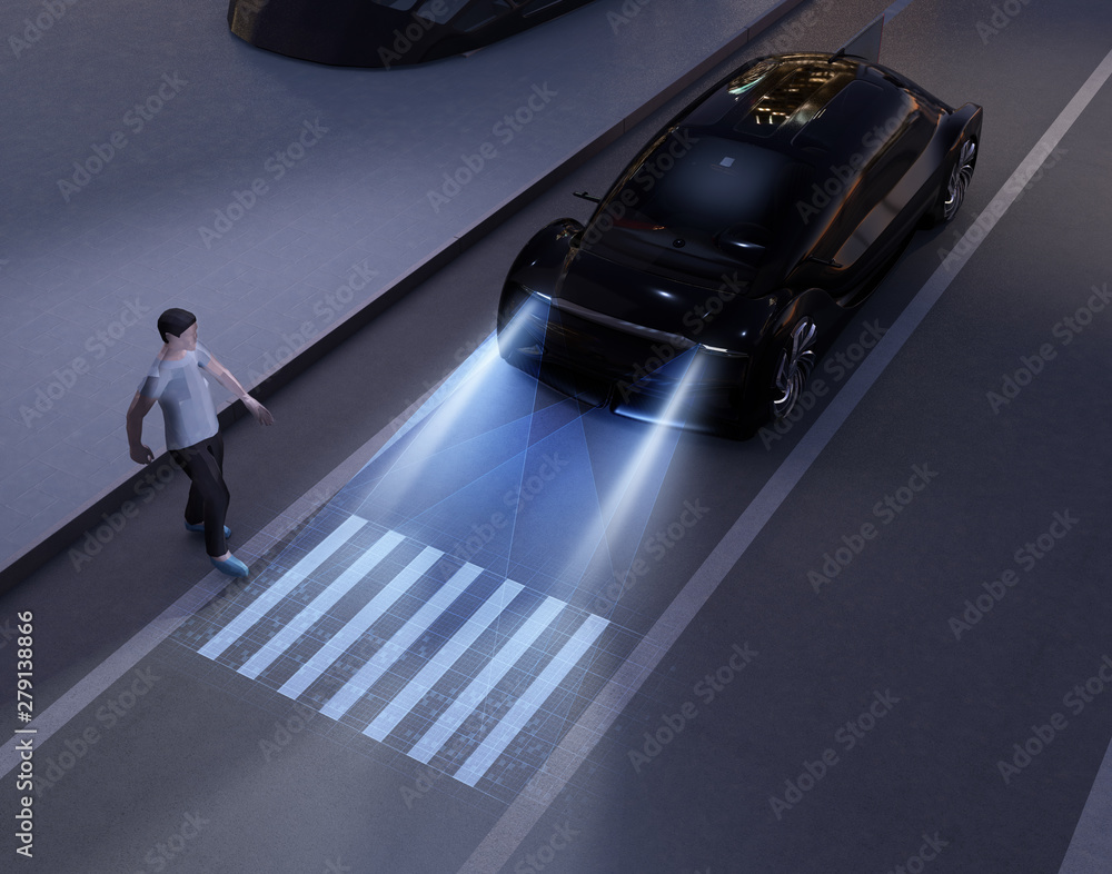 Poster autonomous car communicating with pedestrian at crosswalk sign by light projection at ground. 3d ren