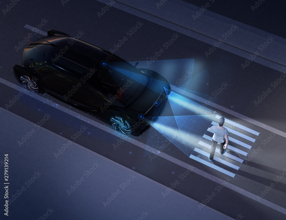 Poster autonomous car communicating with pedestrian at crosswalk sign by light projection at ground. 3d ren