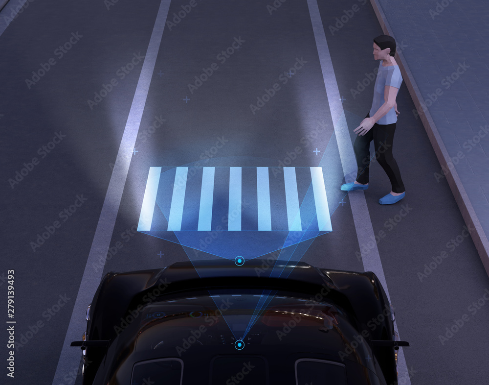 Poster autonomous car communicating with pedestrian at crosswalk sign by light projection at ground. 3d ren