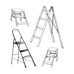 Step ladders sketch set. Collection of hand drawn ladders isolated on white. Sketch style vector illustration.