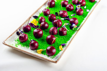 Top view catering banquet table with different food snacks and appetizers. Cold snacks, close up. Assorted canapes with caviar and cherry on green decoration, white background. Party food.