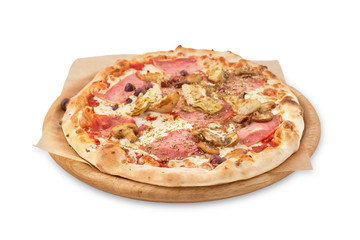 Fresh Italian pizza with , pastrami, ham, mushrooms and isolated on isolated white background.