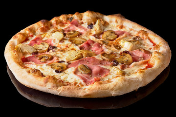 Fresh Italian pizza with , pastrami, ham, mushrooms restaurant menu, isolated an on isolated black background