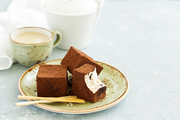 Homemade sweetness, sufa pigeon milk with chocolate, marshmallows.