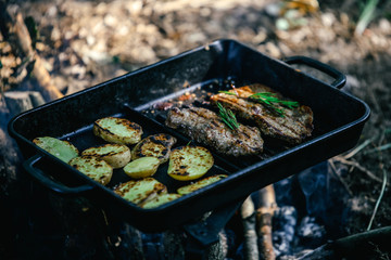 Beef steak in a cast iron pan