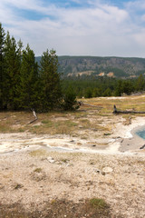 Geyser and hot spring in old faithful basin in Yellowstone National Park in Wyoming