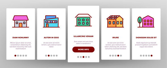 Townhouses, Residential Buildings Vector Onboarding Mobile App Page Screen. Townhouse, Cottage And Villa Outline Symbols Pack. Countryside And Suburbs Area Property, Real Estate Illustration