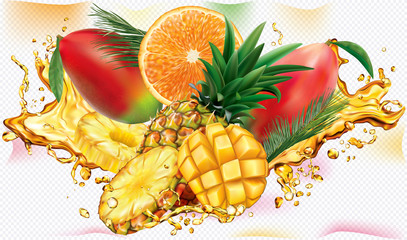 Tropical fruits Orange, Pineapple, Mango in splashes of juice