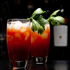 Bloody Mary with ice cubes with celery in bar on black