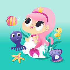 Super Cute Mermaid Sitting Underwater With Sea Creatures