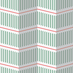 Folded geometric illusion seamless pattern in green, white and red. Modern and creative, vertical and horizontal pinstripe lines. Great for Christmas holiday textiles, paper, graphic design, fashion.