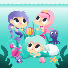 Obraz premium Super Cute Group of Mermaids Underwater With Sea Creatures