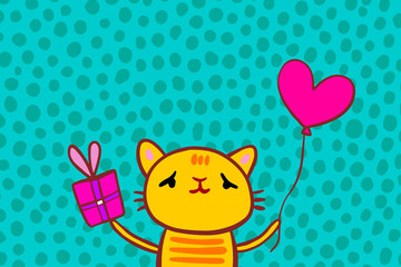 Cheerful kitten holding present and hear shaped balloon hand drawn vector poscard for birthday party