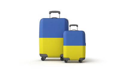 Ukraine flag holiday destination travel suitcases isolated on white. 3D Render