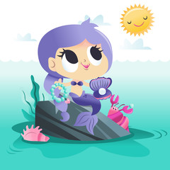 Super Cute Mermaid Sitting On Rock By The Sea