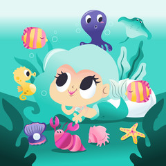 Super Cute Mermaid Lying Down Underwater With Sea Creatures