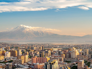 Beautiful cityscape of Yerevan made at sunset from the top of Cascade