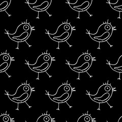 Cute cartoon bird pattern with hand drawn birds. Funny vector black and white bird pattern. Seamless monochrome doodle bird pattern for textile, wallpapers, wrapping paper, cards and web.