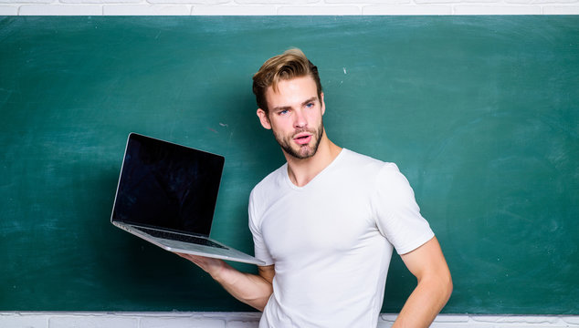 University student studying online. college teacher use computer technology. student man at e learning class. man use 4g internet to study. modern education online. back to school. business school