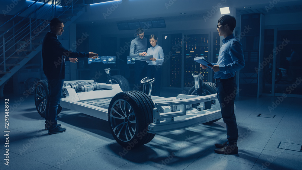 Poster Automobile Design Engineers Working on Electric Car Platform Chassis Prototype, Using CAD Software for 3D Concept. In Automotive Innovation Facility Vehicle Frame with Tires, Suspension, Battery