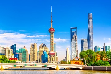 Shanghai pudong skyline with historical Waibaidu bridge, China during summer sunny day - obrazy, fototapety, plakaty