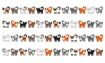 Various cats border set. Cute and funny cartoon kitty cat vector illustration set with different cat breeds. Pet kittens of different colours. Simple modern geometric flat style vector illustration.