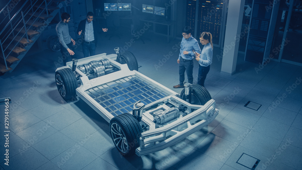 Aufkleber Team of Automotive Engineers Working on Electric Car Chassis Platform, Taking Measures, working with 3D CAD Software, Analysing Efficiency. Vehicle Frame with Wheels, Engine and Battery.