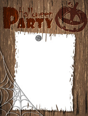 Halloween Party theme. Dark wooden background with cobwebs, pumpkin and space for your text. Vector illustration