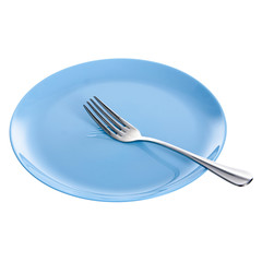 Blue plate with fork on white background isolation